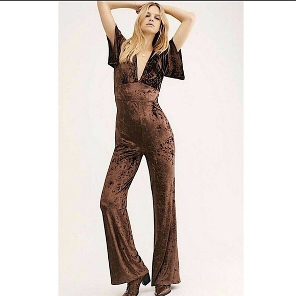 Free People Pants - Free People Jumpsuit XS Night Fever Velvet Plunge Flutter Sleeve Wide Leg Brown